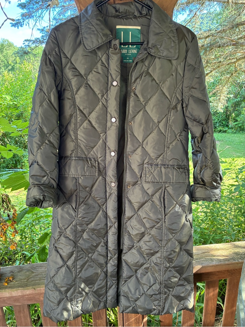 LARRY LEVINE Quilted Long Puffer Coat in Olive Green
